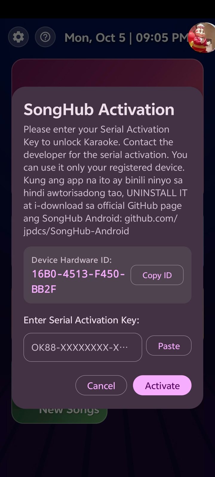SongHub Activation screen sa app